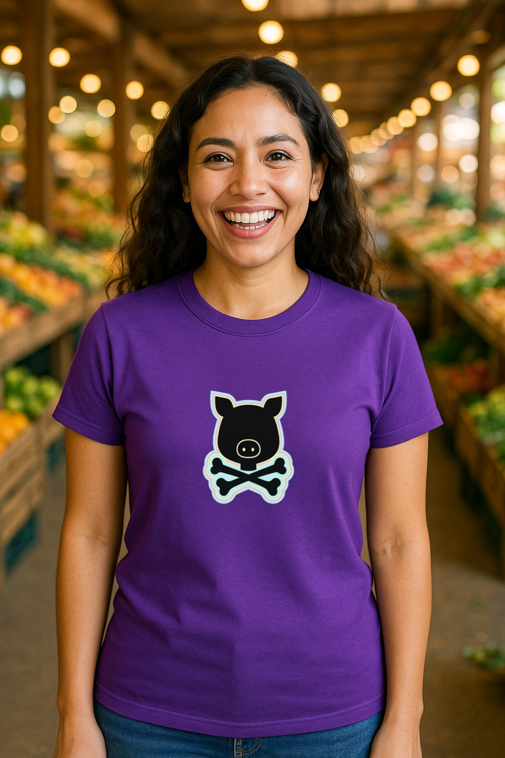 Pigskull Retro T-Shirt -Bold Cartoon Pig and Crossbones Design - Vintage Cute Goth Streetwear Unisex Gildan 64000 T-Shirt
