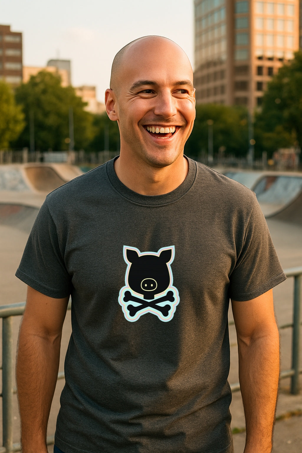 Pigskull Retro T-Shirt -Bold Cartoon Pig and Crossbones Design - Vintage Cute Goth Streetwear Unisex Gildan 64000 T-Shirt
