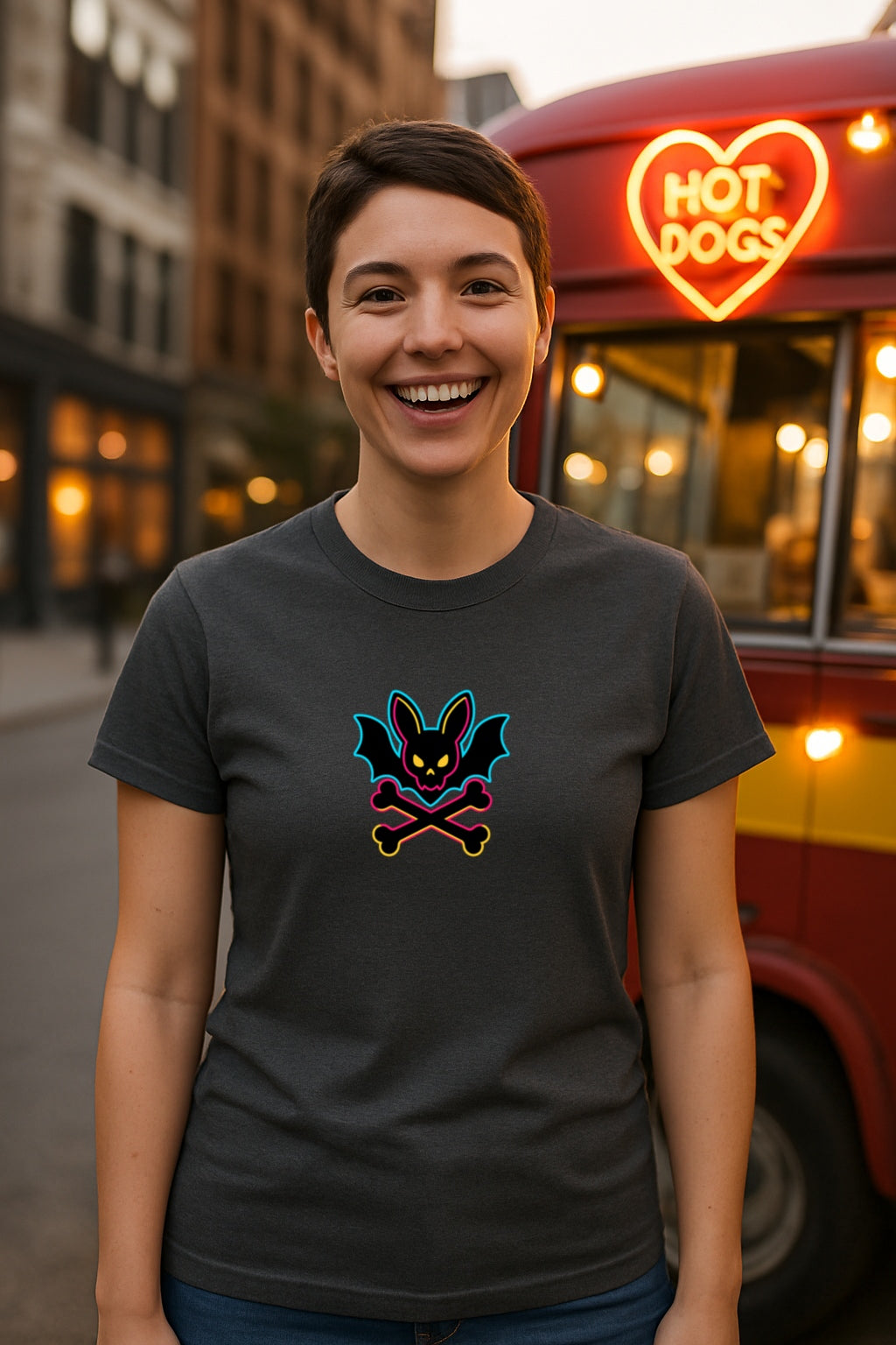 Gothic Bat Skull and Bones T- Shirt - Neon Punk Aesthetic Tee-Emo Alt Clothing -Funny Sadcore Graphic  Unisex T-Shirt Gildan 64000 T-Shirt