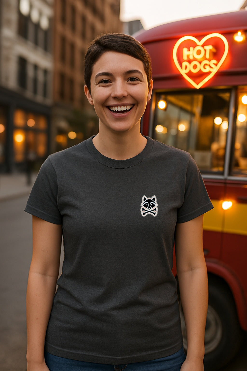 Trash Bandit Emblem Tee - Raccoon Skull Logo on Chest -Oddly Boldly Minimal Pocket Print Gildan 64000 Softstyle Unisex Tee