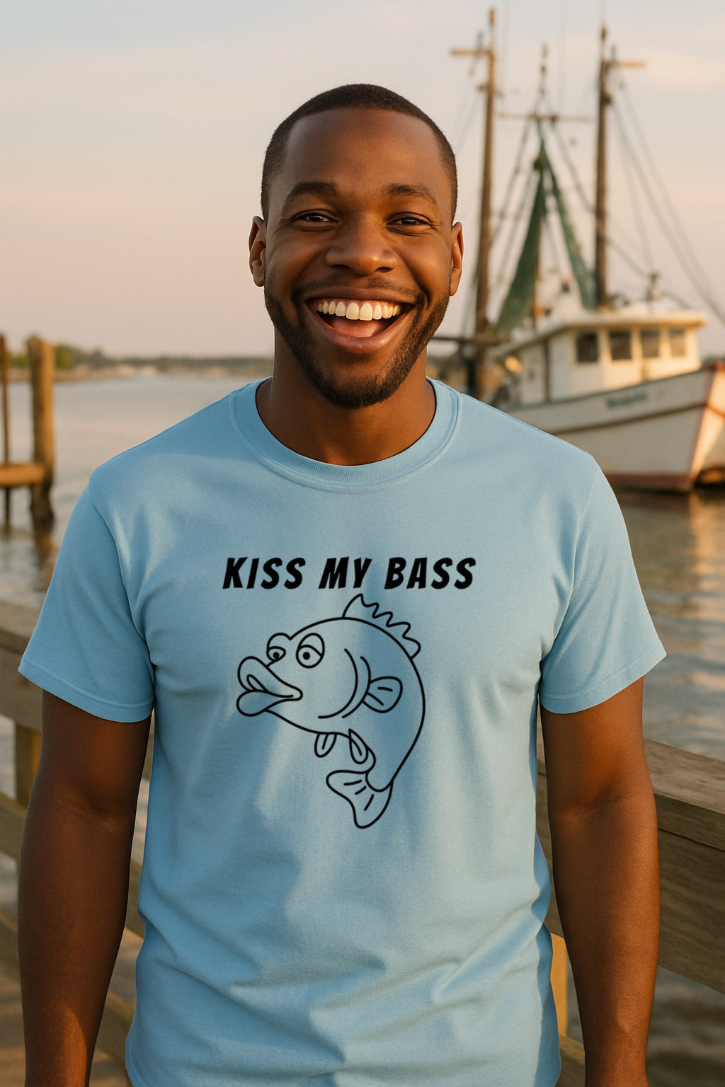 Kiss My Bass T-Shirt - Funny Cartoon Fish SVG Graphic Tee - One Line Style Fishing Gift for Men & Women -Sarcastic Angler Shirt-Gildan 64000