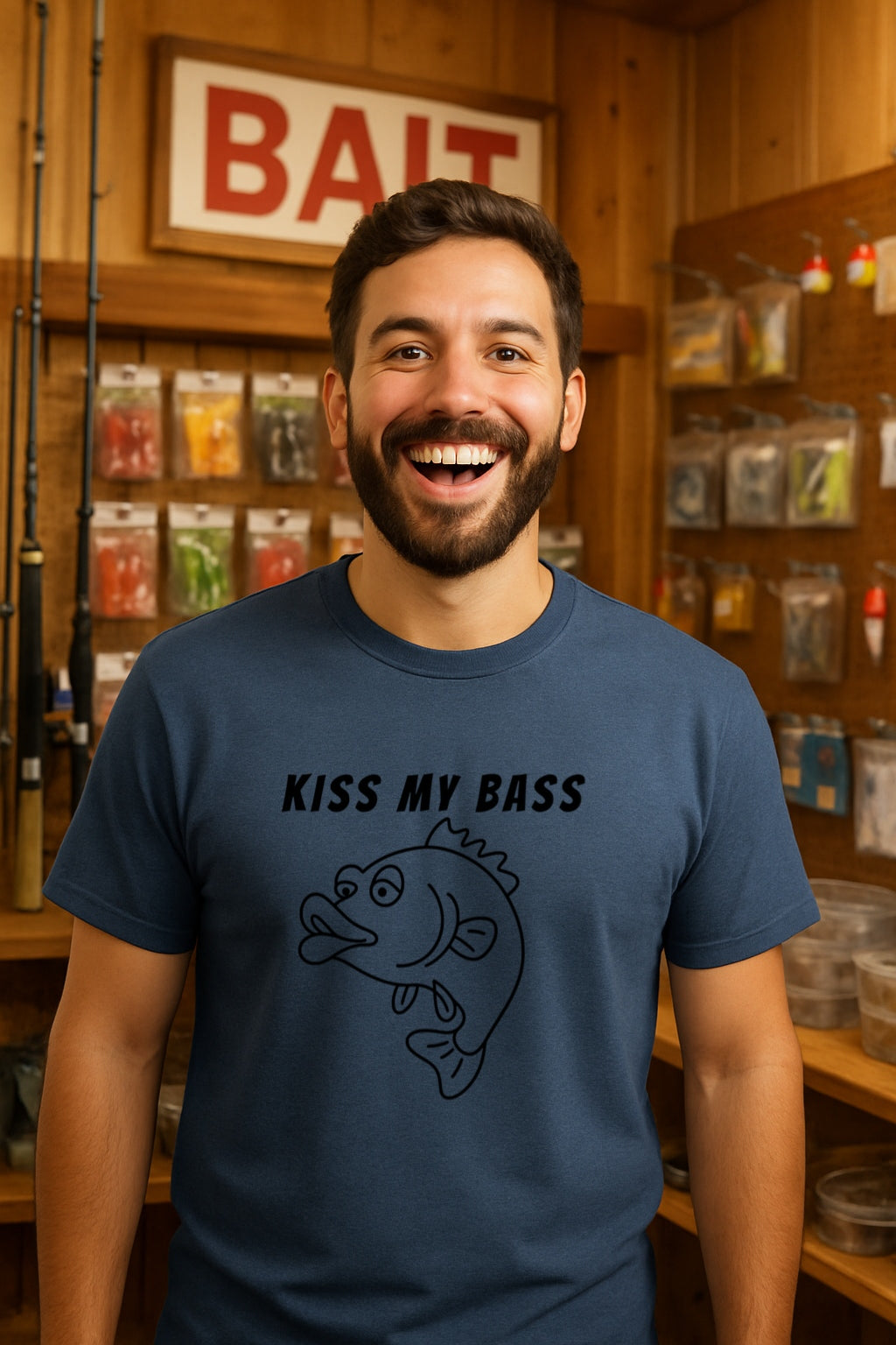 Kiss My Bass T-Shirt - Funny Cartoon Fish SVG Graphic Tee - One Line Style Fishing Gift for Men & Women -Sarcastic Angler Shirt-Gildan 64000