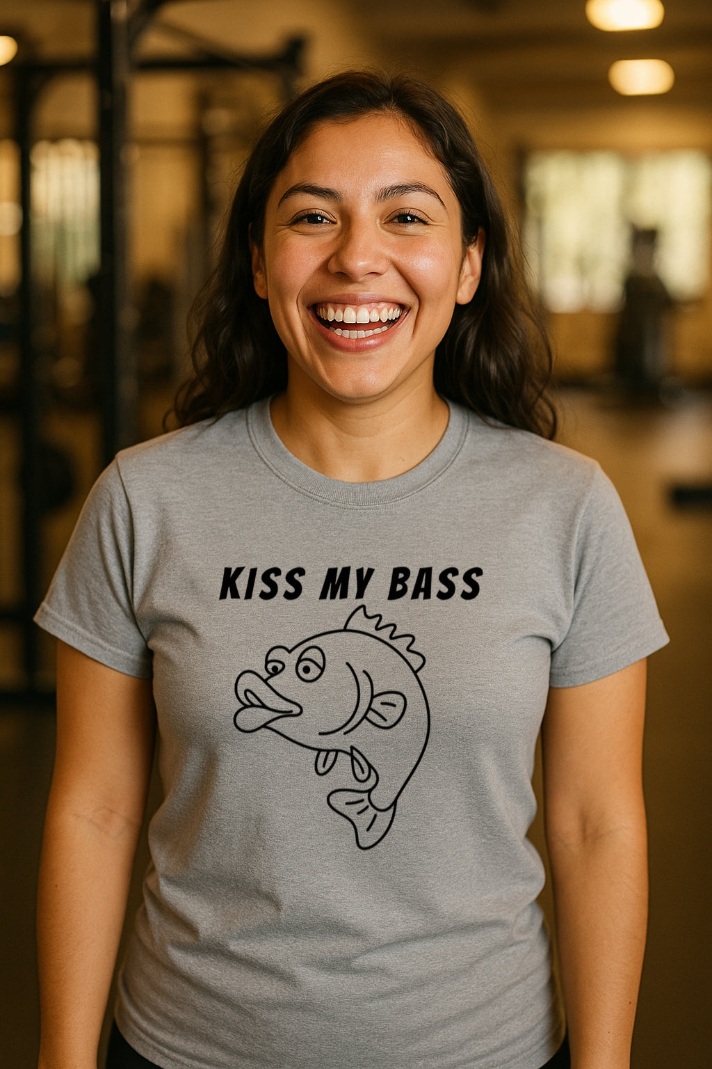 Kiss My Bass T-Shirt - Funny Cartoon Fish SVG Graphic Tee - One Line Style Fishing Gift for Men & Women -Sarcastic Angler Shirt-Gildan 64000