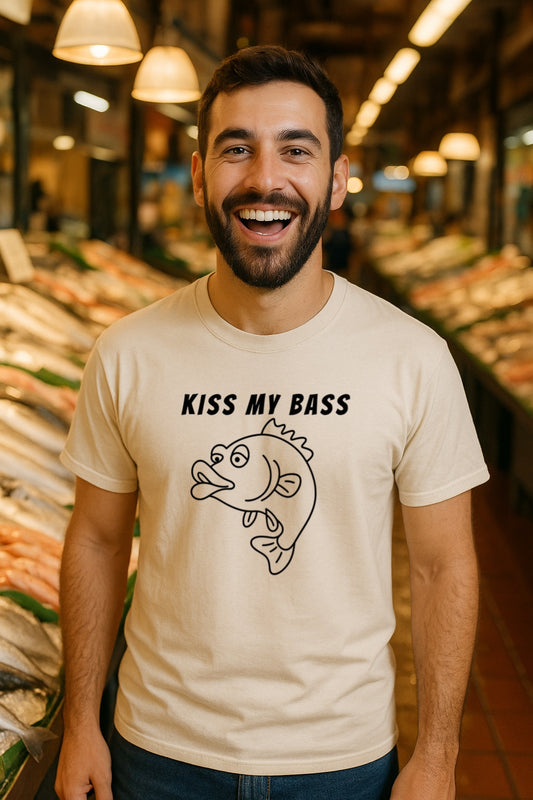Kiss My Bass T-Shirt - Funny Cartoon Fish SVG Graphic Tee - One Line Style Fishing Gift for Men & Women -Sarcastic Angler Shirt-Gildan 64000