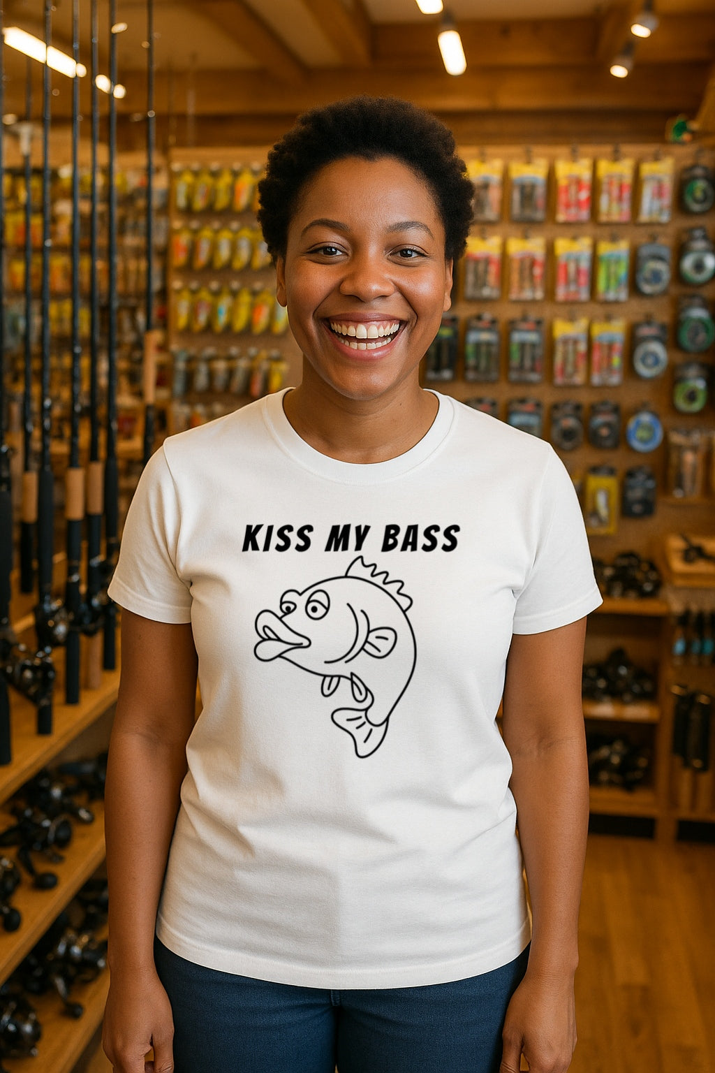 Kiss My Bass T-Shirt - Funny Cartoon Fish SVG Graphic Tee - One Line Style Fishing Gift for Men & Women -Sarcastic Angler Shirt-Gildan 64000