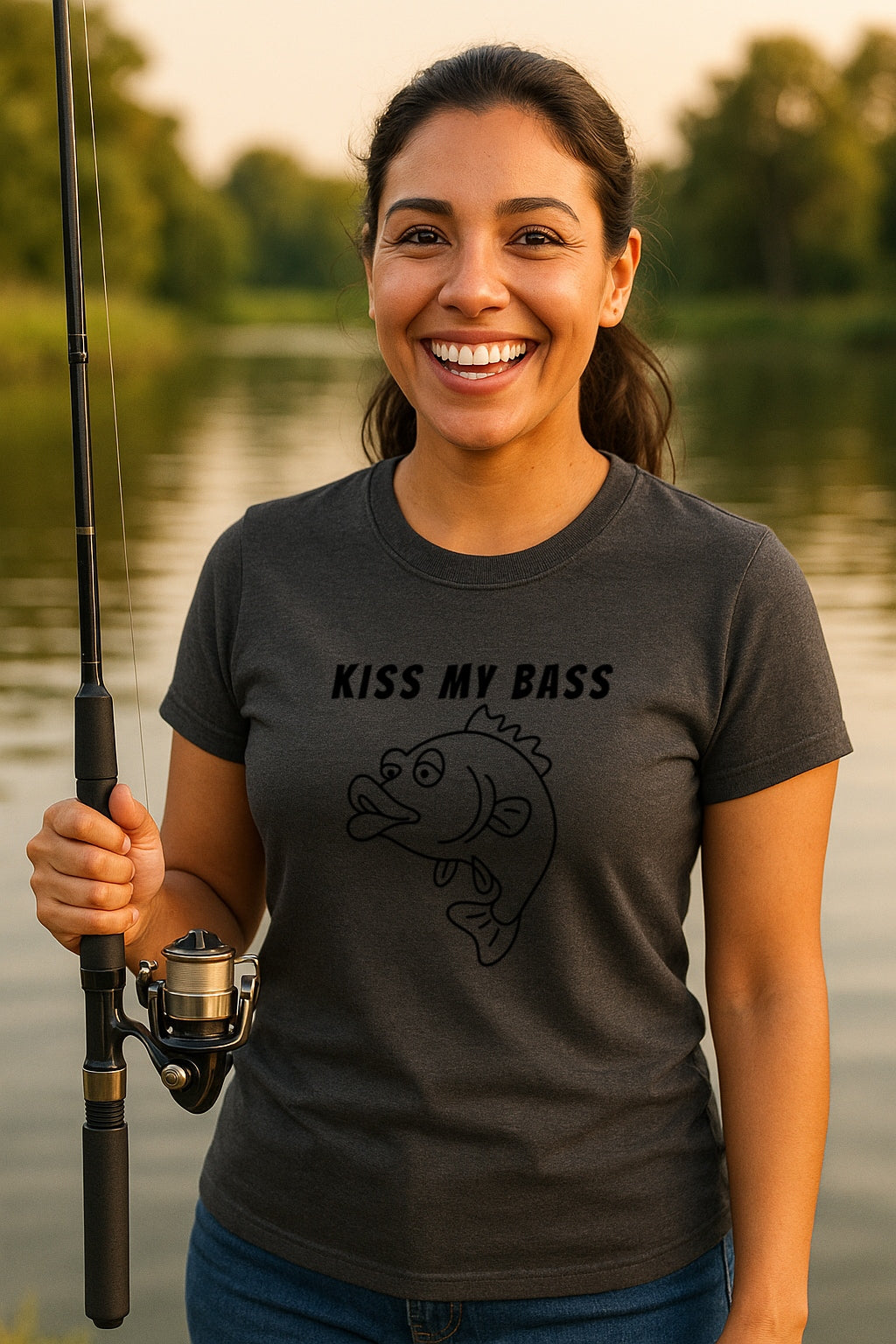 Kiss My Bass T-Shirt - Funny Cartoon Fish SVG Graphic Tee - One Line Style Fishing Gift for Men & Women -Sarcastic Angler Shirt-Gildan 64000