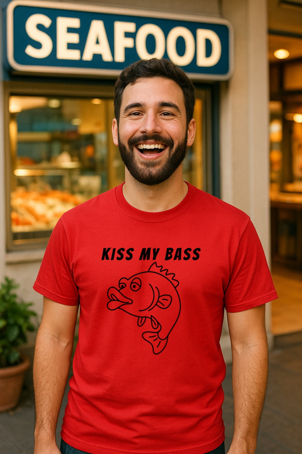 Kiss My Bass T-Shirt - Funny Cartoon Fish SVG Graphic Tee - One Line Style Fishing Gift for Men & Women -Sarcastic Angler Shirt-Gildan 64000