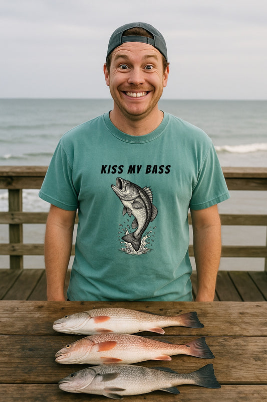 Kiss My Bass Funny Fishing T-Shirt -Vintage Style Largemouth Bass Graphic Tee-Unisex Comfort Colors 1717 Shirt for Anglers, Fisherman's Gift