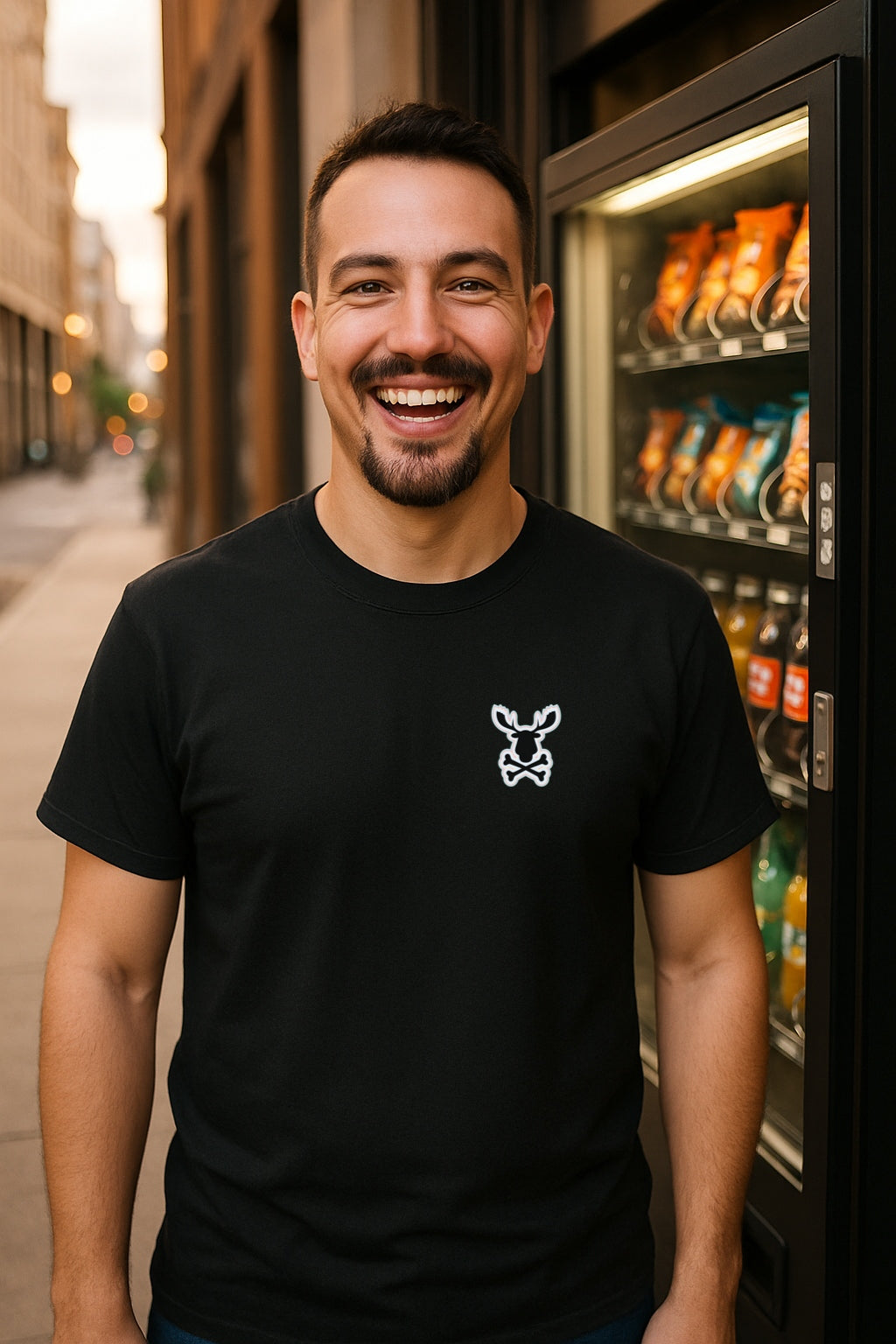 Moose Crossbones Emblem Tee - Skull Logo on Chest -Oddly Boldly Minimal Pocket Print Gildan 64000 Softstyle Unisex Tee