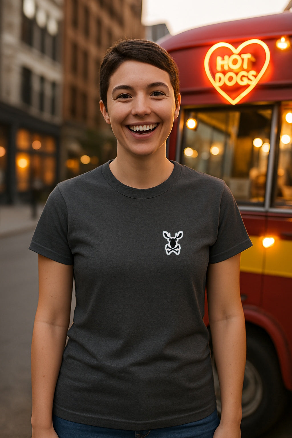 Moose Crossbones Emblem Tee - Skull Logo on Chest -Oddly Boldly Minimal Pocket Print Gildan 64000 Softstyle Unisex Tee