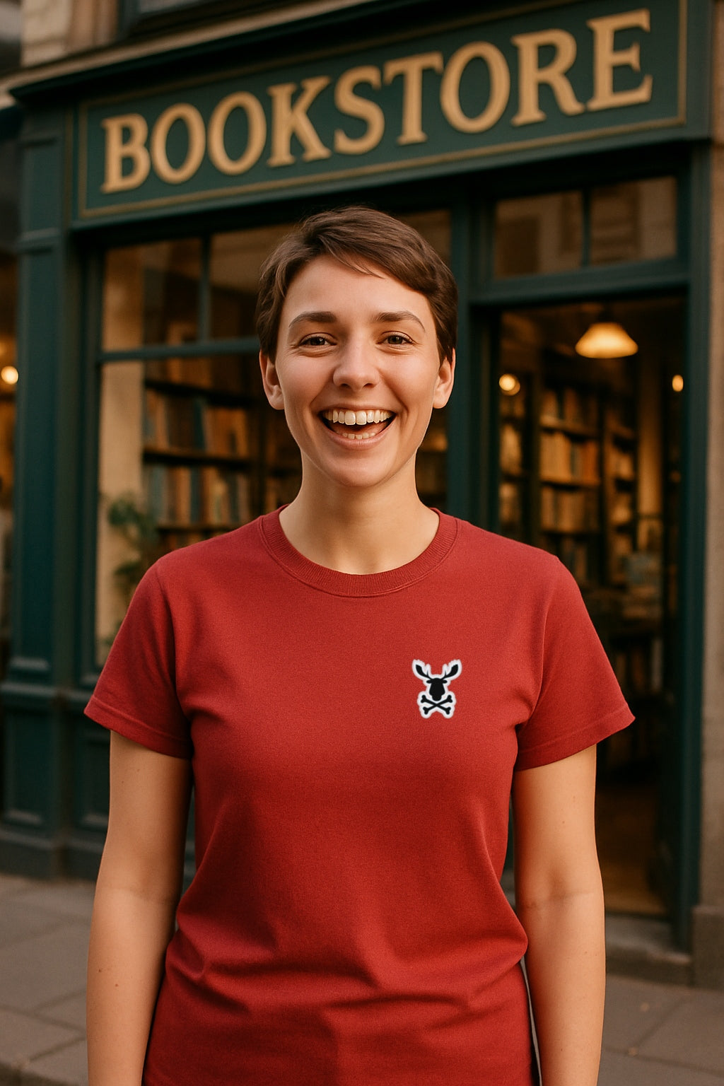 Moose Crossbones Emblem Tee - Skull Logo on Chest -Oddly Boldly Minimal Pocket Print Gildan 64000 Softstyle Unisex Tee