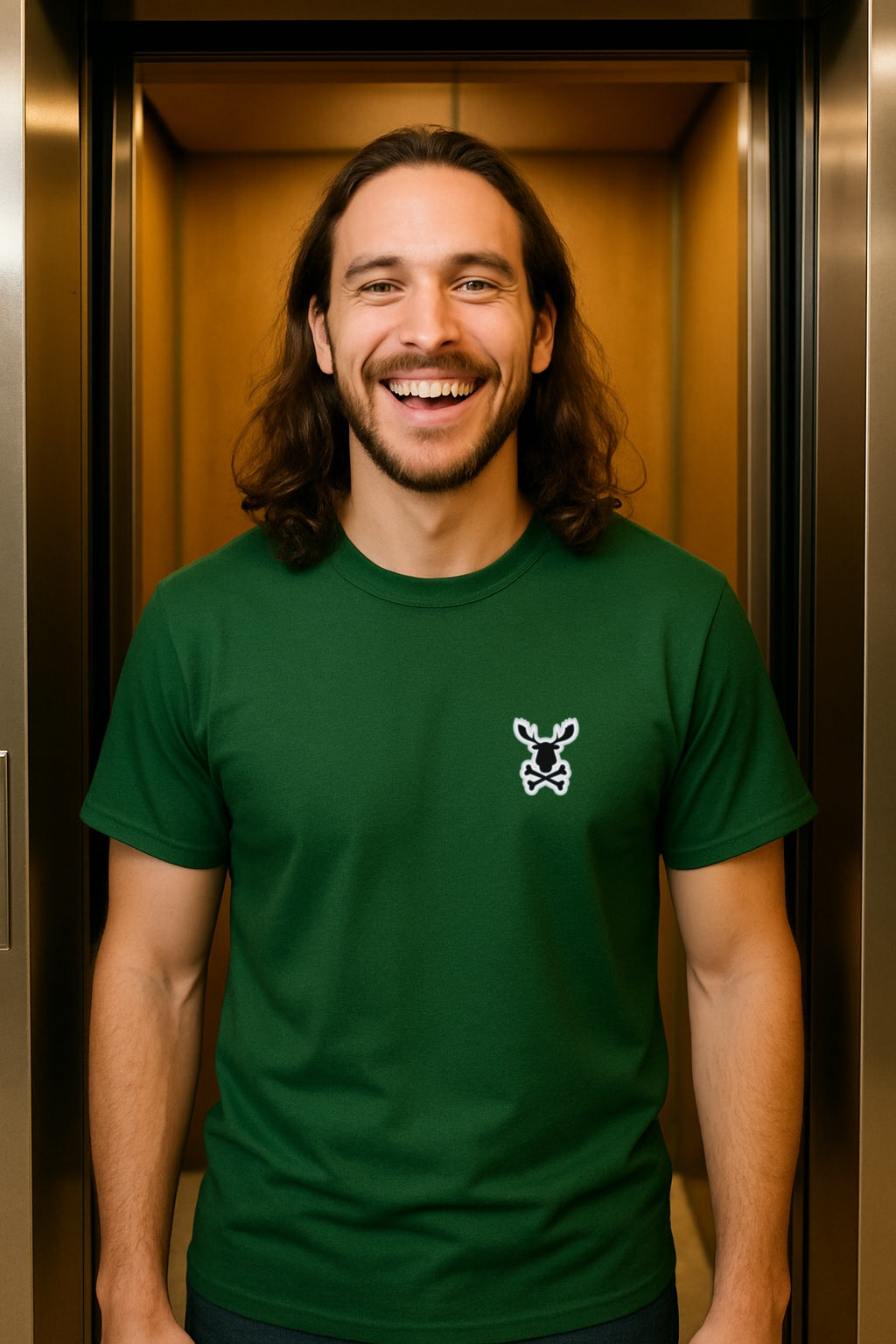 Moose Crossbones Emblem Tee - Skull Logo on Chest -Oddly Boldly Minimal Pocket Print Gildan 64000 Softstyle Unisex Tee