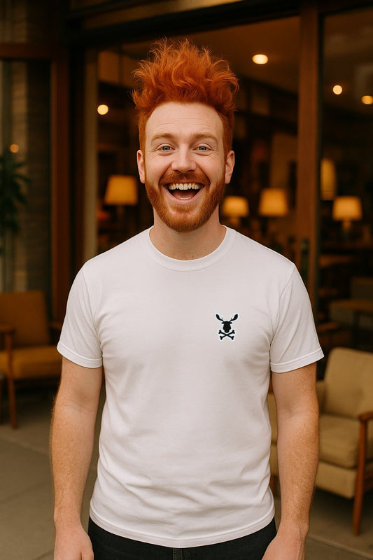 Moose Crossbones Emblem Tee - Skull Logo on Chest -Oddly Boldly Minimal Pocket Print Gildan 64000 Softstyle Unisex Tee