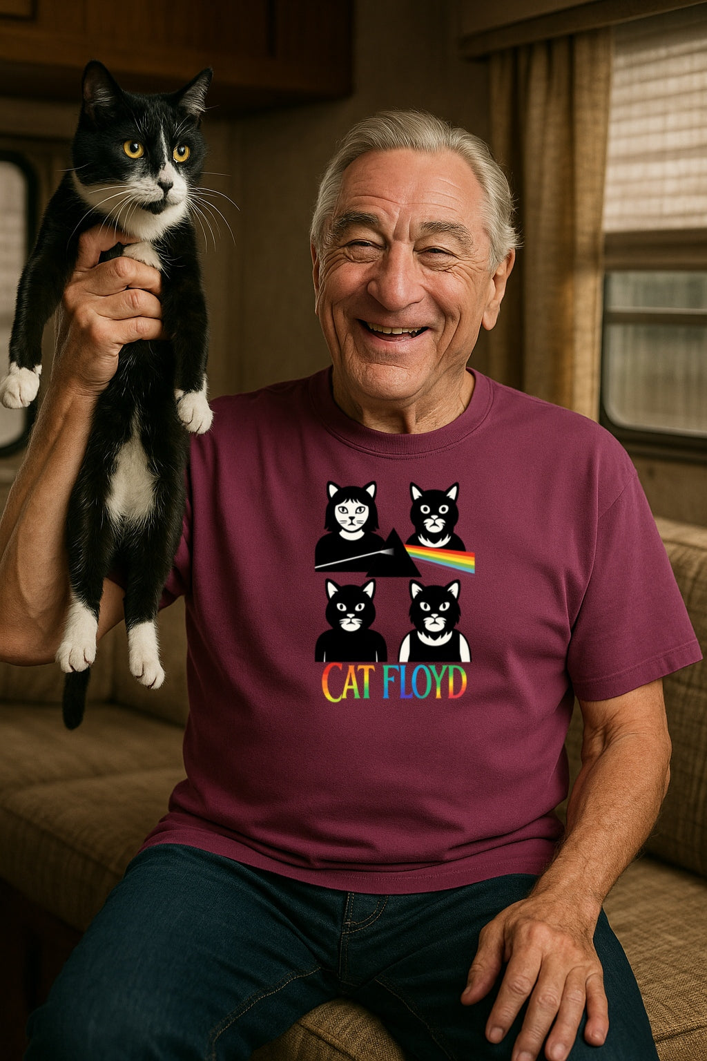 Cat Floyd Funny Cat Band Parody T-shirt for Music Lovers & Pink Floyd Fans, Graphic Tee, Rainbow Prism Dark Side Cats Shirt, Unisex