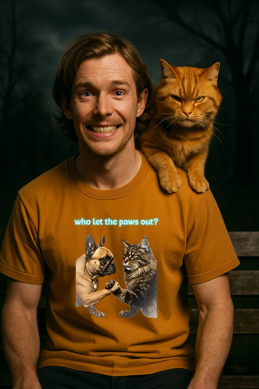 Pet Rivalry T-Shirt, Dog Cat Arm Wrestling Tee, Funny Animal Lover Shirt, Comfort Colors Unisex Top, Who Let the Paws Out