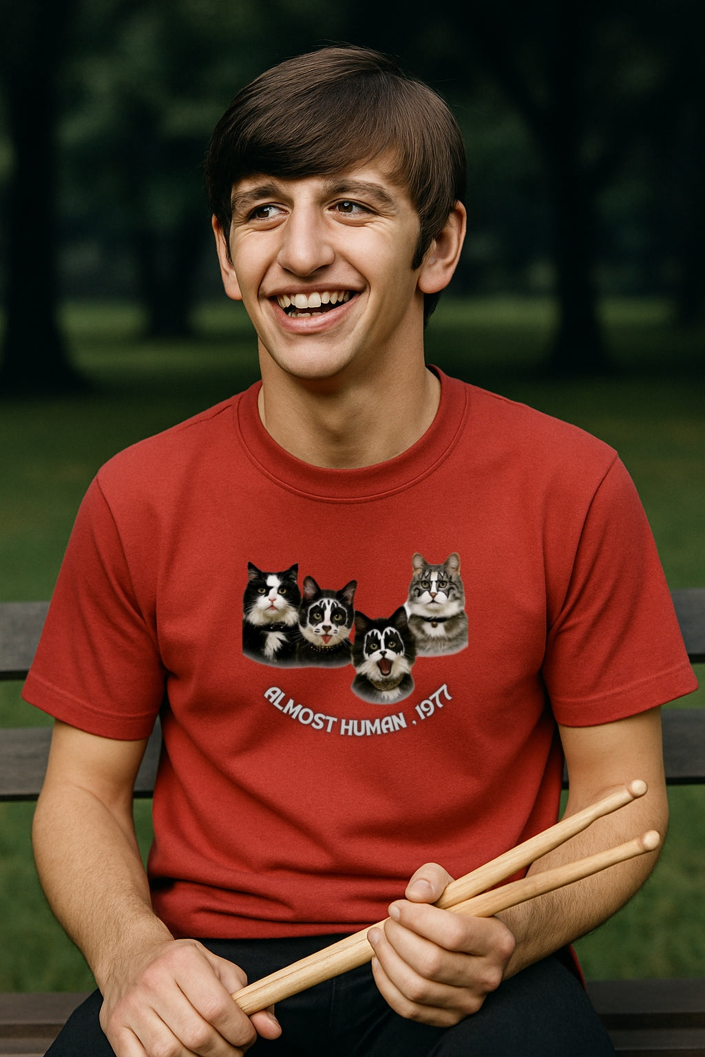Almost Human 1977 - Funny KISS Cat Parody T-shirt for Rock Fans and Cat Lovers, Unisex Music Tee, Vintage Concert Apparel, Retro Cat Shirt,
