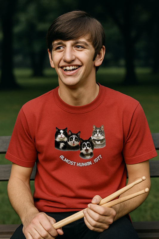 Almost Human 1977 - Funny KISS Cat Parody T-shirt for Rock Fans and Cat Lovers, Unisex Music Tee, Vintage Concert Apparel, Retro Cat Shirt,