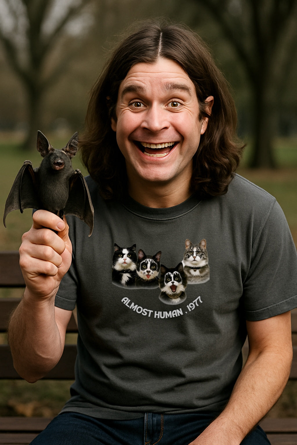 Almost Human 1977 - Funny KISS Cat Parody T-shirt for Rock Fans and Cat Lovers, Unisex Music Tee, Vintage Concert Apparel, Retro Cat Shirt,