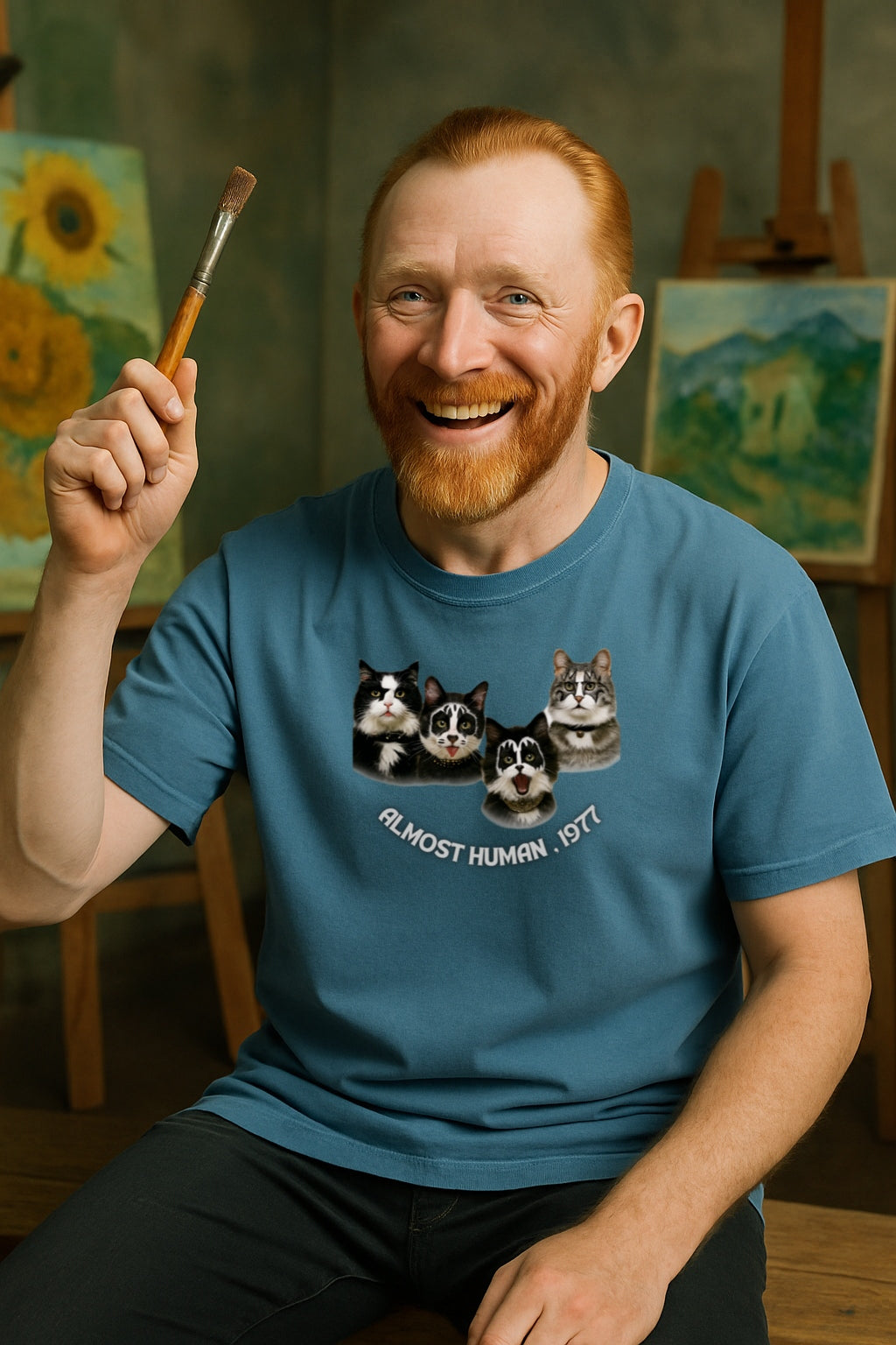 Almost Human 1977 - Funny KISS Cat Parody T-shirt for Rock Fans and Cat Lovers, Unisex Music Tee, Vintage Concert Apparel, Retro Cat Shirt,