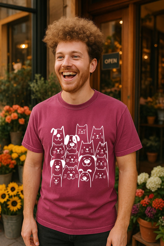 Cat and Dog Doodle T-shirt - Animals Lovers Gift - Comfort Colors Tee, White Ink Shirt, Pet Owner Gift Idea, Kawaii Animal Shirt, Unisex Tee