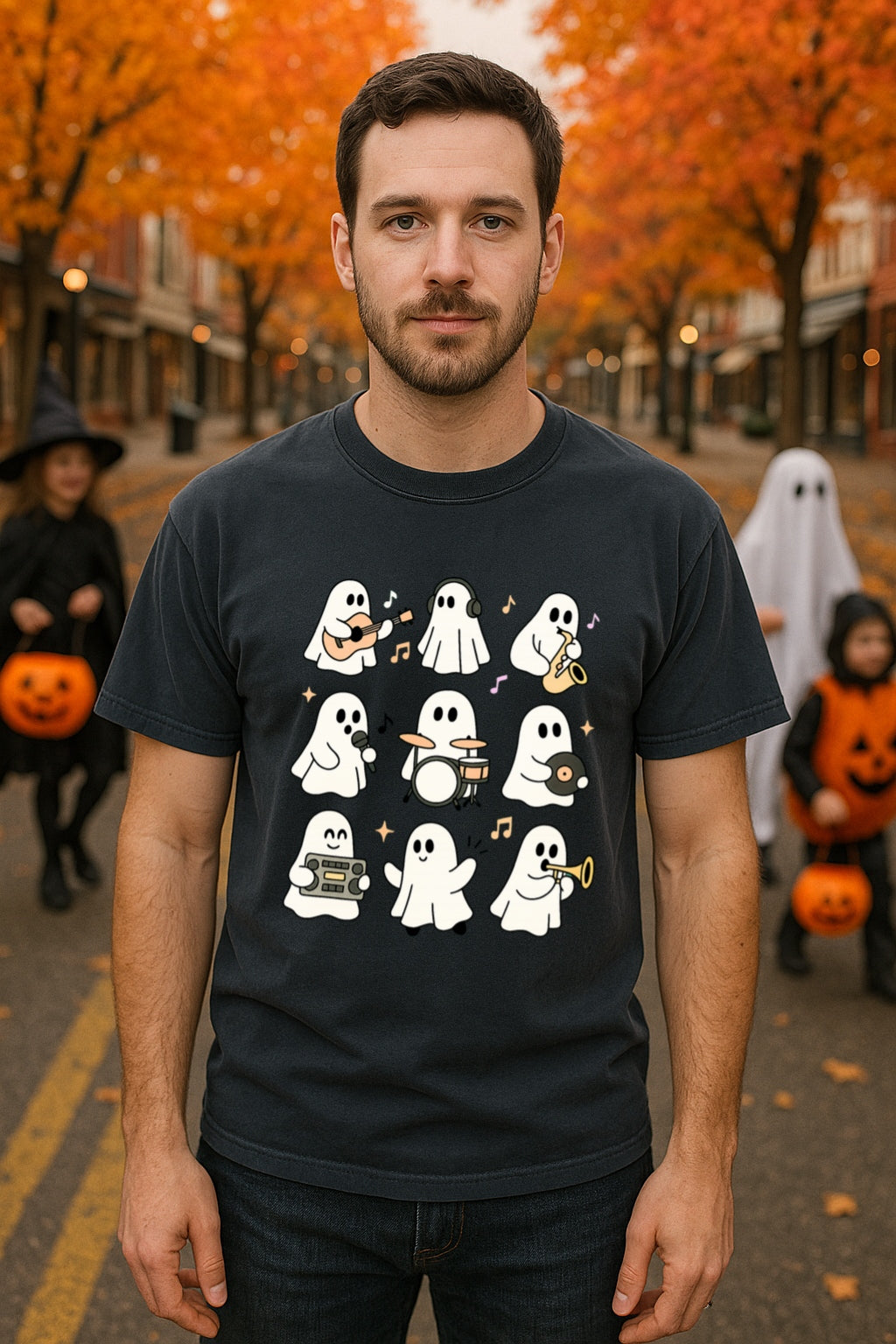 Music Ghosts T-Shirt, Comfort Colors™ Halloween Ghost Band Shirt, Cute Spooky Tee, Cute Spooky Music Lover Tee, Guitar, Saxophone, Drum