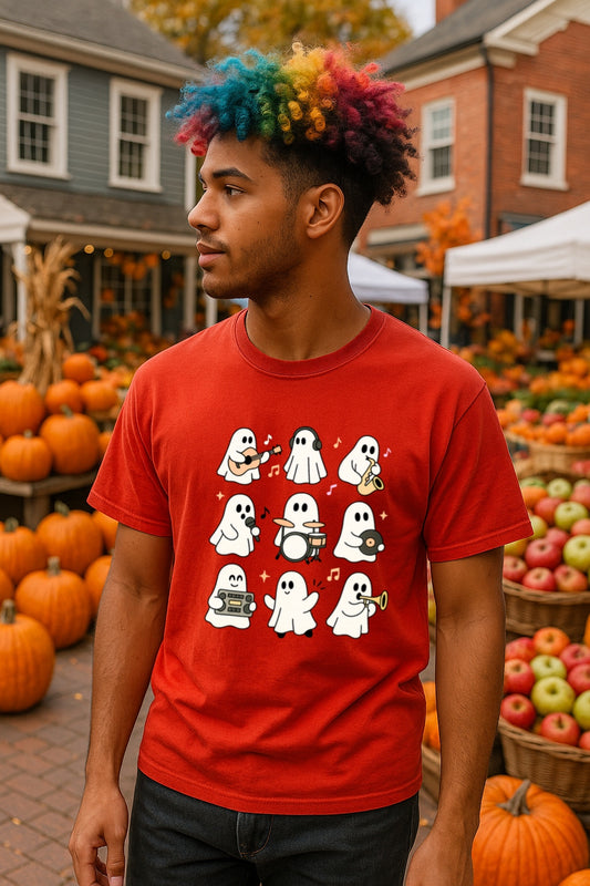 Music Ghosts T-Shirt, Comfort Colors™ Halloween Ghost Band Shirt, Cute Spooky Tee, Cute Spooky Music Lover Tee, Guitar, Saxophone, Drum