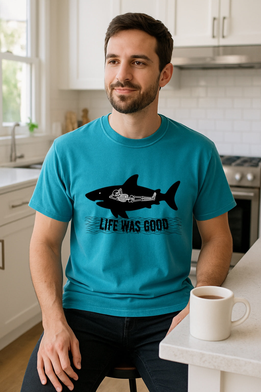Aggressive Shark Skeleton T-Shirt - Halloween Funny Unisex Tee, Life Was Good, Comfort Colors Graphic Shirt