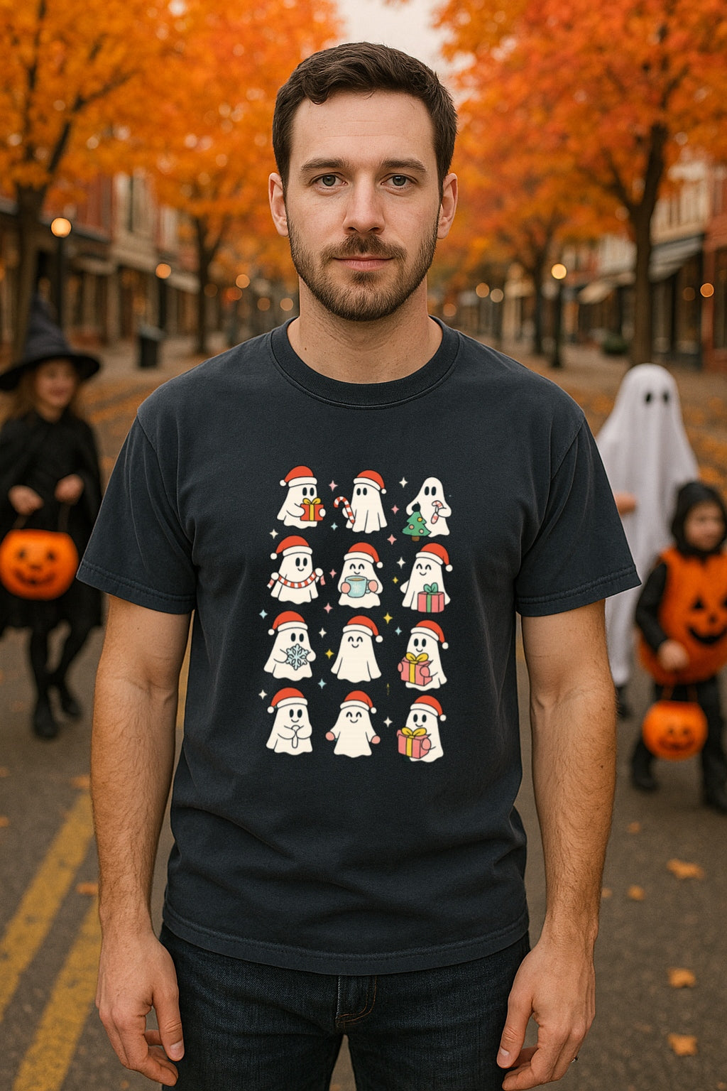 Holiday Ghosts T-shirt - Cute Christmas Ghosts with Gifts & Santa Hats - Funny Halloween Christmas Tee - Spooky Xmas Shirt - Ghost Lover