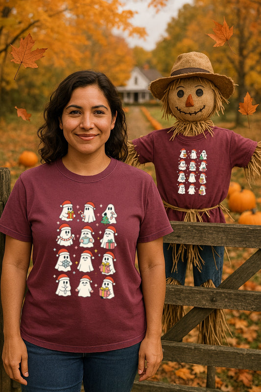 Holiday Ghosts T-shirt - Cute Christmas Ghosts with Gifts & Santa Hats - Funny Halloween Christmas Tee - Spooky Xmas Shirt - Ghost Lover
