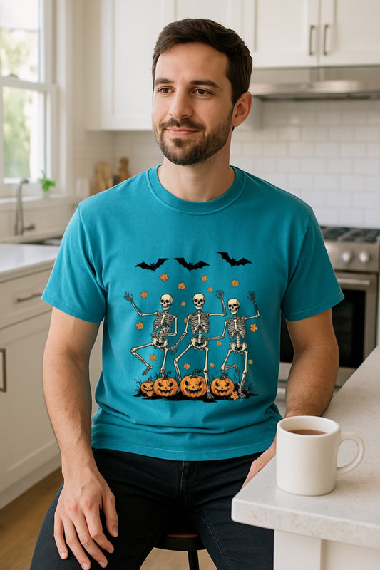 Halloween Shirt-Spooky Jack-O-Lantern Tee- Unisex Comfort Colors® Dancing Skeletons  , Retro Skeleton Dance T-Shirt, Funny Fall Halloween
