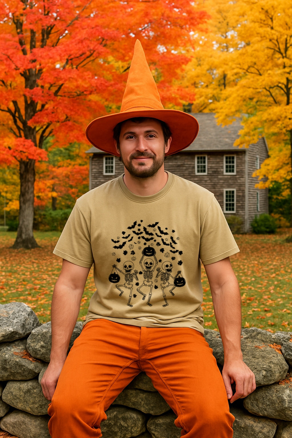 Dark Halloween Skeleton Unisex T-shirt - Gothic Jack-O-Lantern Tee - Spooky Minimalist Design - Haunted Pumpkins- Bats Shirt