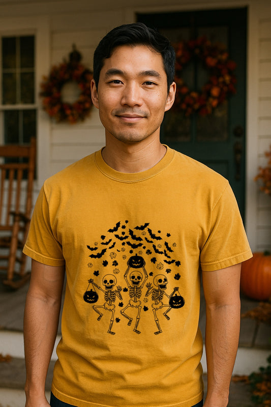 Dark Halloween Skeleton Unisex T-shirt - Gothic Jack-O-Lantern Tee - Spooky Minimalist Design - Haunted Pumpkins- Bats Shirt