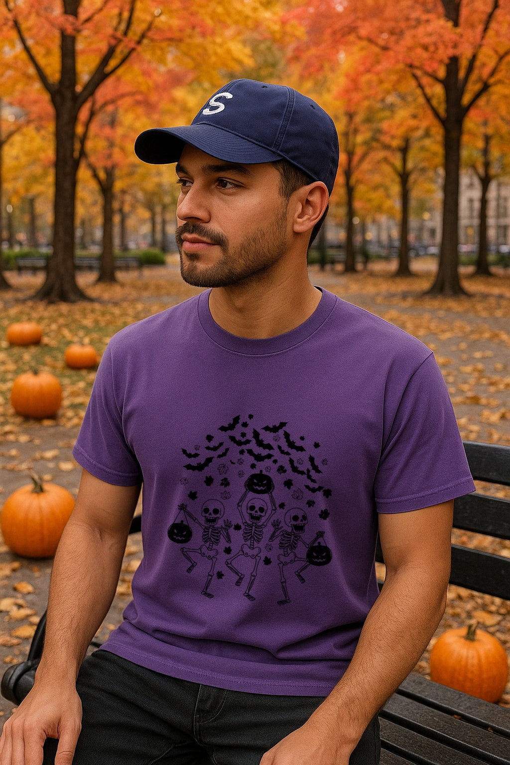 Dark Halloween Skeleton Unisex T-shirt - Gothic Jack-O-Lantern Tee - Spooky Minimalist Design - Haunted Pumpkins- Bats Shirt