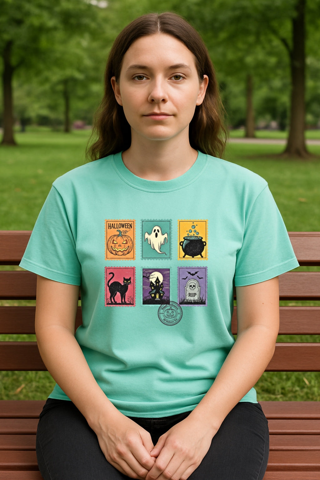 Unisex Garment-Dyed T-shirt,Halloween Cute Ghost Postal Stamps Pumpkin Cat Shirt, Cute Ghost Shirt, Retro Ghost Tee, Women's Halloween Shirt