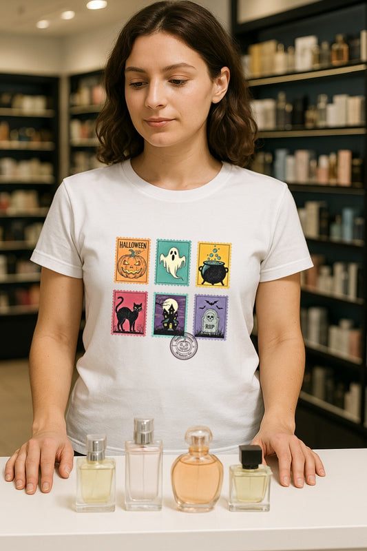 Unisex Garment-Dyed T-shirt,Halloween Cute Ghost Postal Stamps Pumpkin Cat Shirt, Cute Ghost Shirt, Retro Ghost Tee, Women's Halloween Shirt