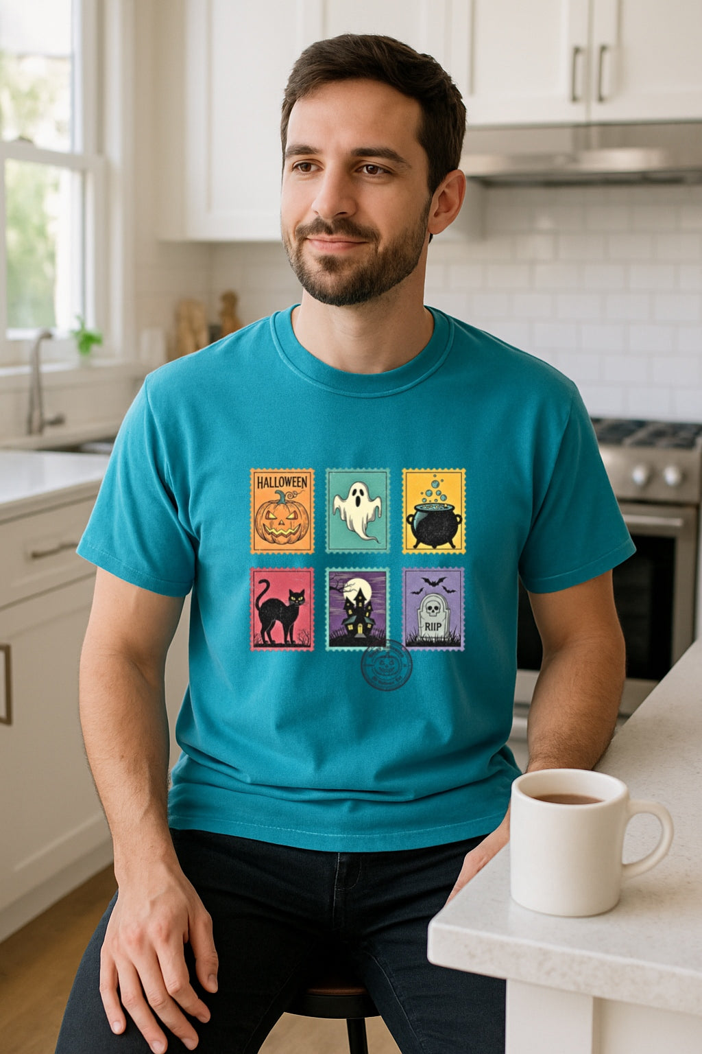 Unisex Garment-Dyed T-shirt,Halloween Cute Ghost Postal Stamps Pumpkin Cat Shirt, Cute Ghost Shirt, Retro Ghost Tee, Women's Halloween Shirt