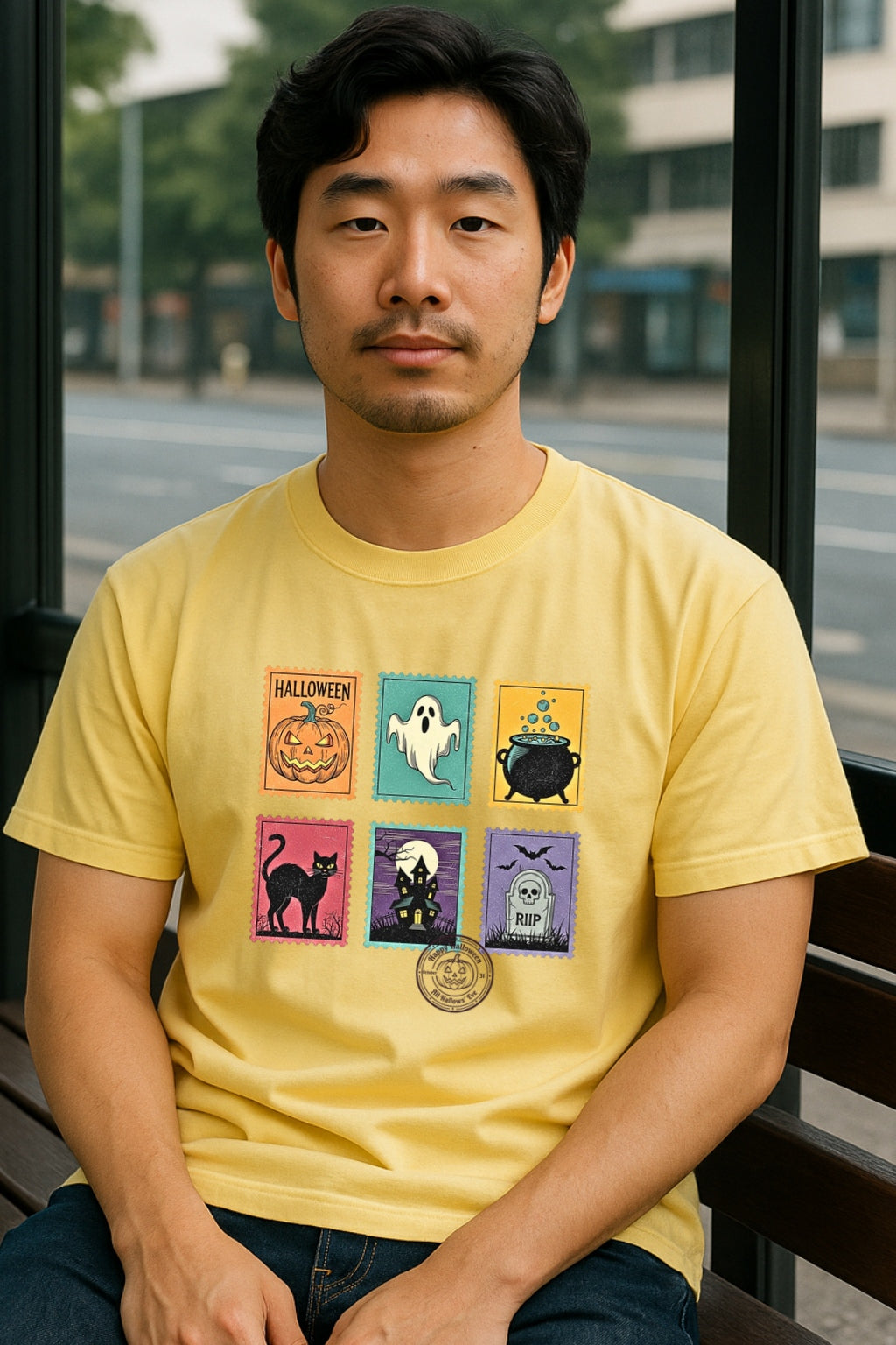 Unisex Garment-Dyed T-shirt,Halloween Cute Ghost Postal Stamps Pumpkin Cat Shirt, Cute Ghost Shirt, Retro Ghost Tee, Women's Halloween Shirt