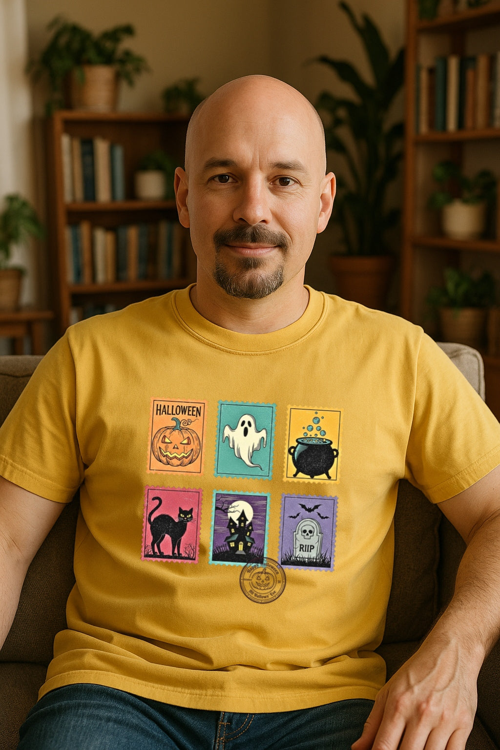 Unisex Garment-Dyed T-shirt,Halloween Cute Ghost Postal Stamps Pumpkin Cat Shirt, Cute Ghost Shirt, Retro Ghost Tee, Women's Halloween Shirt