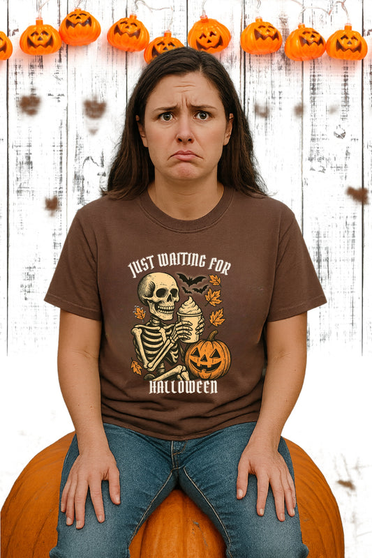 Just Waiting for Halloween Vintage Skeleton Comfort Colors™ T-Shirt, Funny Coffee Pumpkin Tee, Retro Halloween Graphic Top