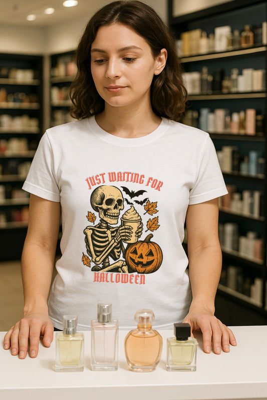 Vintage Skeleton Coffee T-Shirt, Just Waiting for Halloween Comfort Colors™ Shirt, Retro Pumpkin Spice Tee, Funny Spooky Fall Graphic