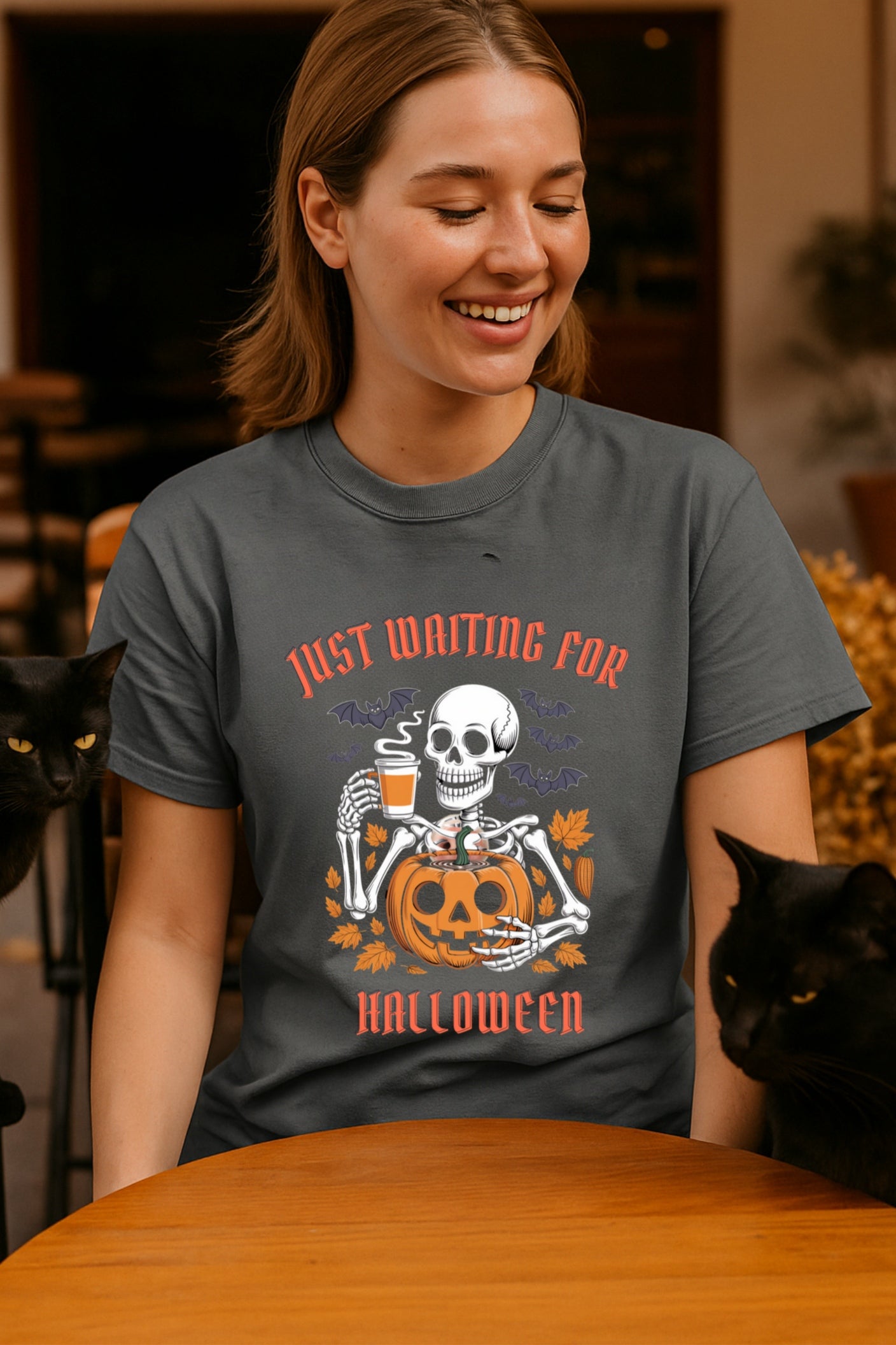 Spooky Halloween Skeleton Pumpkin Coffee Tee, Retro Graphic T-Shirt, Comfort Colors, Fall Top, Funny Gothic Shirt, Bats Autumn Tee