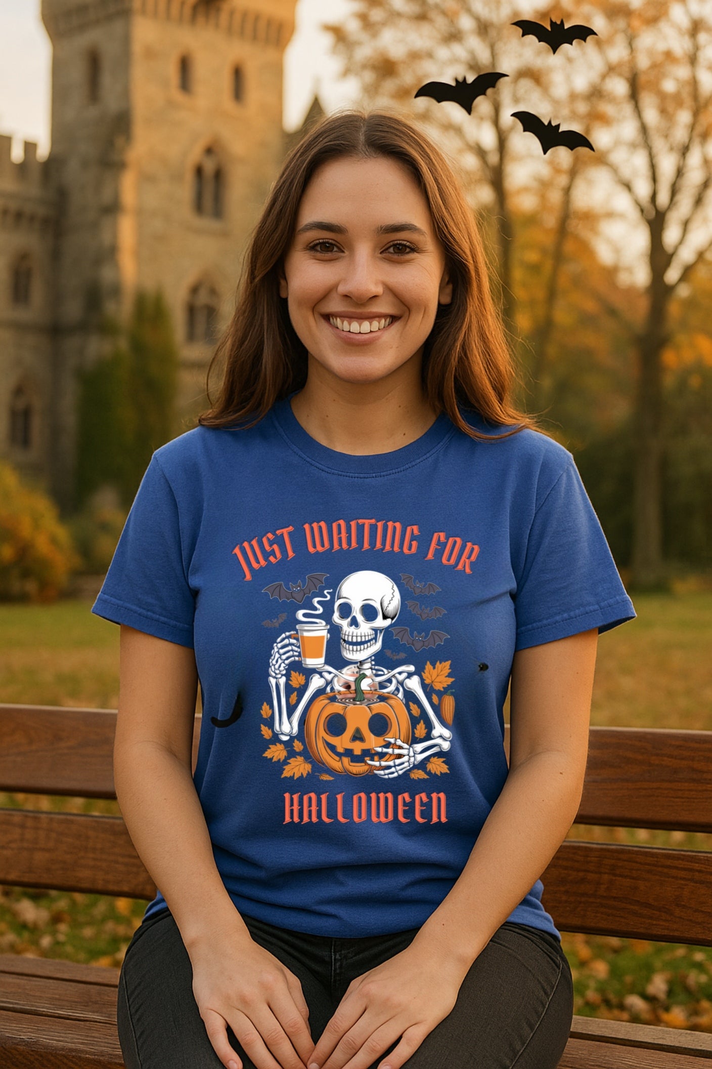 Spooky Halloween Skeleton Pumpkin Coffee Tee, Retro Graphic T-Shirt, Comfort Colors, Fall Top, Funny Gothic Shirt, Bats Autumn Tee