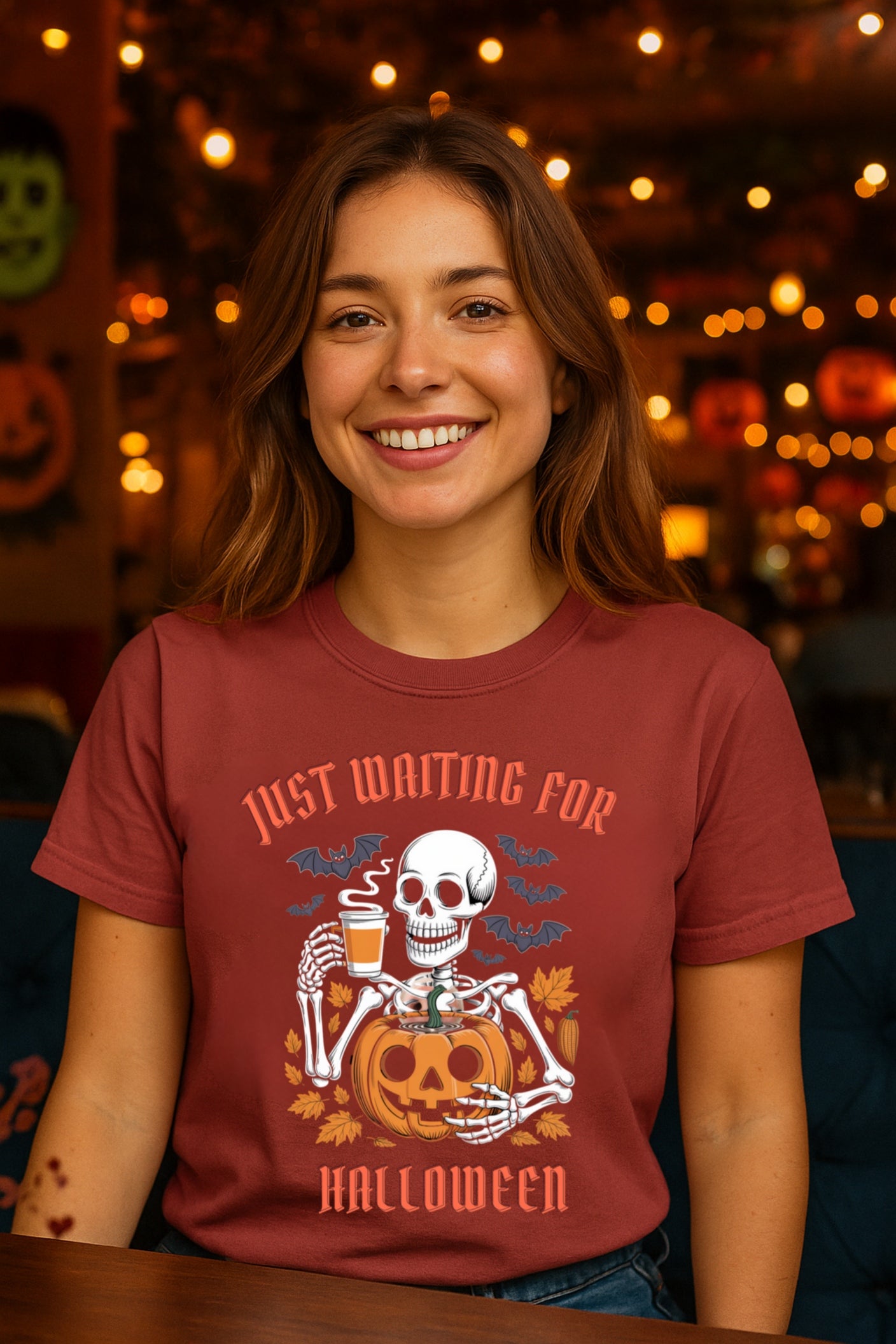 Spooky Halloween Skeleton Pumpkin Coffee Tee, Retro Graphic T-Shirt, Comfort Colors, Fall Top, Funny Gothic Shirt, Bats Autumn Tee