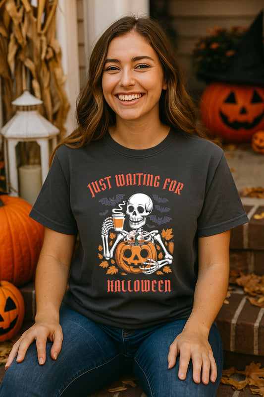 Spooky Halloween Skeleton Pumpkin Coffee Tee, Retro Graphic T-Shirt, Comfort Colors, Fall Top, Funny Gothic Shirt, Bats Autumn Tee