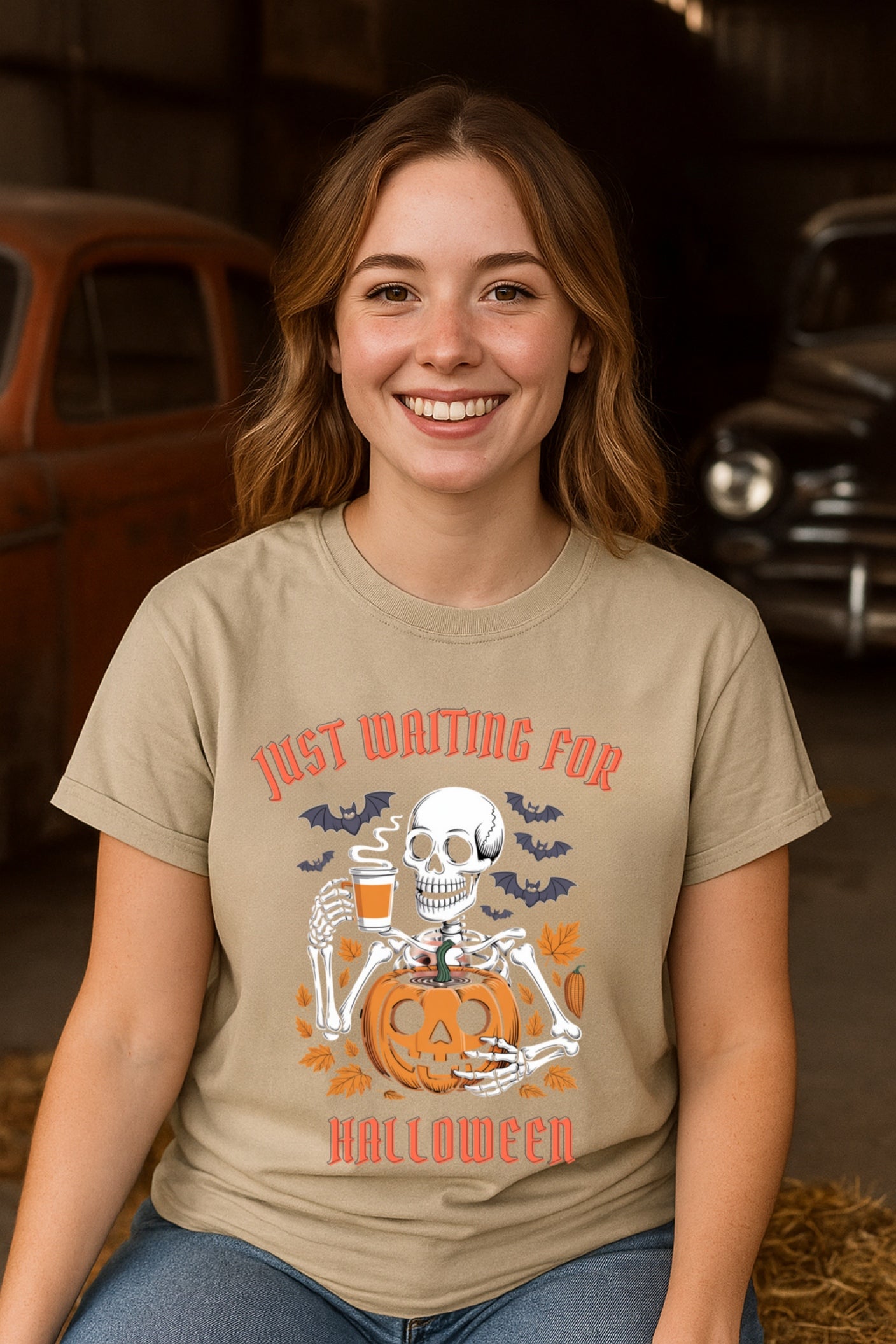Spooky Halloween Skeleton Pumpkin Coffee Tee, Retro Graphic T-Shirt, Comfort Colors, Fall Top, Funny Gothic Shirt, Bats Autumn Tee