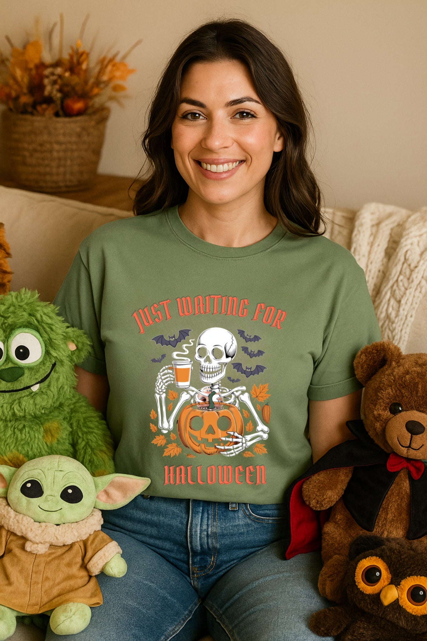 Spooky Halloween Skeleton Pumpkin Coffee Tee, Retro Graphic T-Shirt, Comfort Colors, Fall Top, Funny Gothic Shirt, Bats Autumn Tee