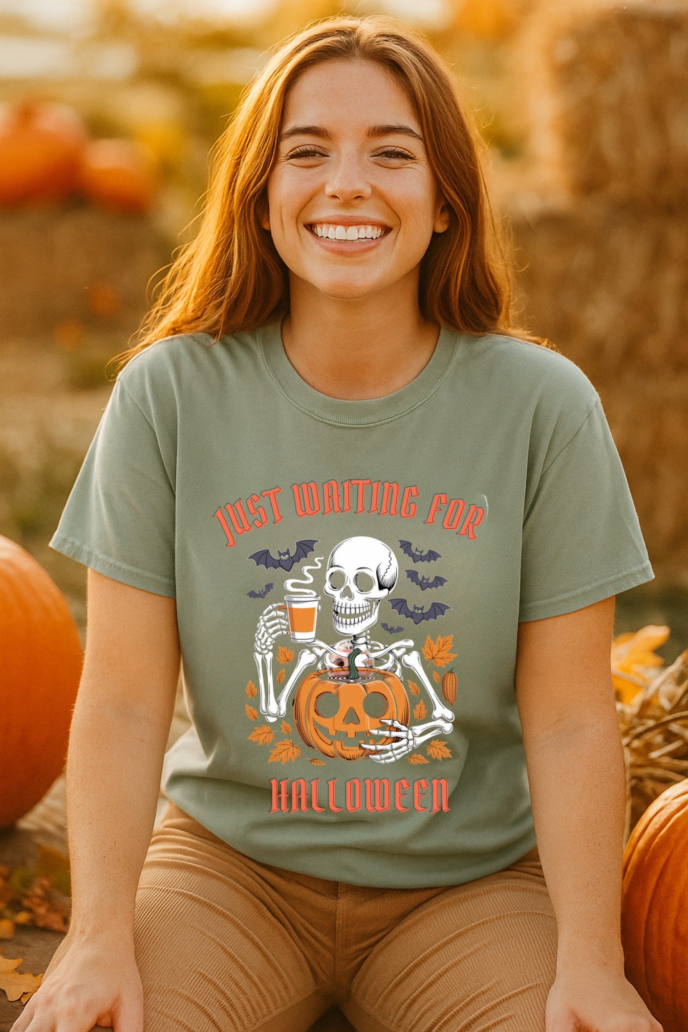 Spooky Halloween Skeleton Pumpkin Coffee Tee, Retro Graphic T-Shirt, Comfort Colors, Fall Top, Funny Gothic Shirt, Bats Autumn Tee