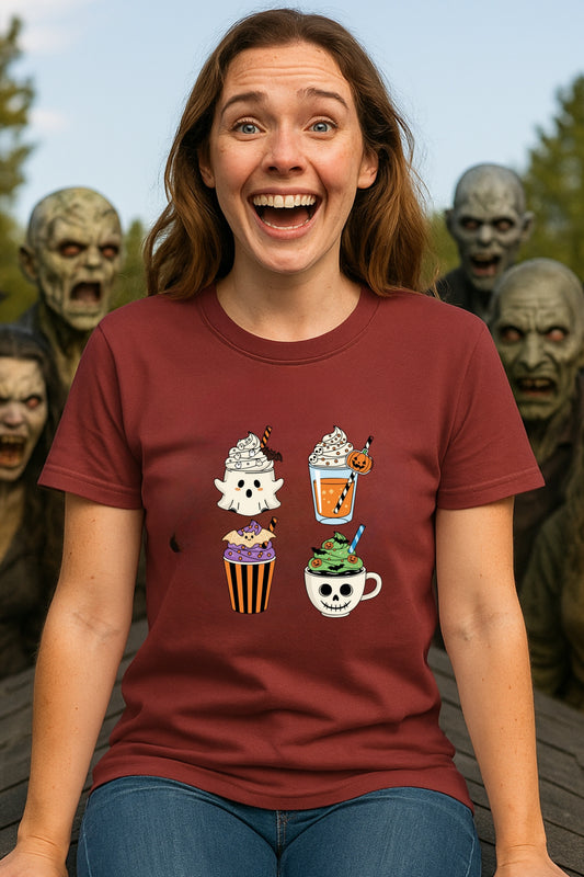 Spooky and Spiced Halloween Coffee Shirt, Cute Ghost Pumpkin Latte Tee, Funny Fall Drinks Skeleton Mug Top, Comfort Colors® Halloween