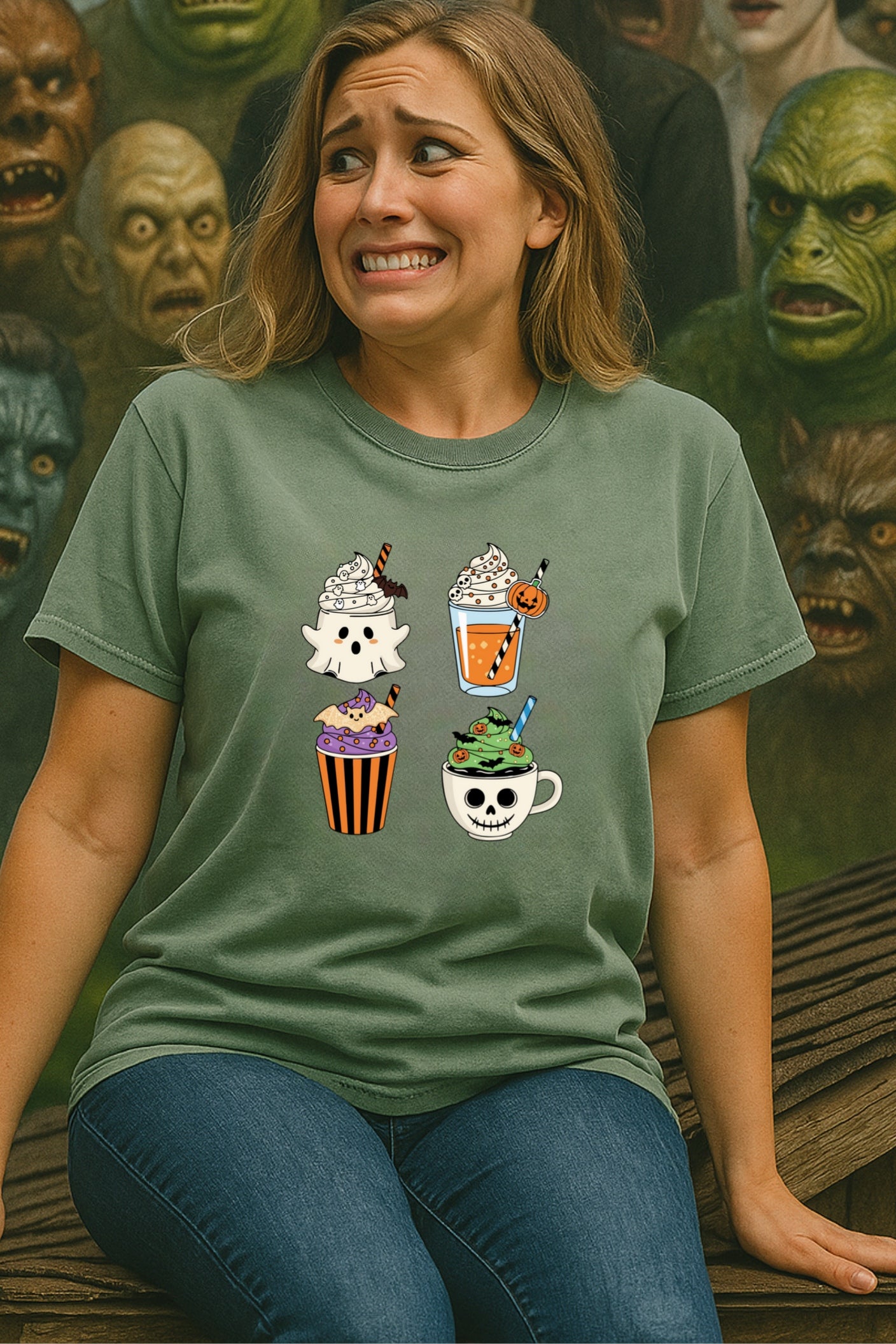 Spooky and Spiced Halloween Coffee Shirt, Cute Ghost Pumpkin Latte Tee, Funny Fall Drinks Skeleton Mug Top, Comfort Colors® Halloween