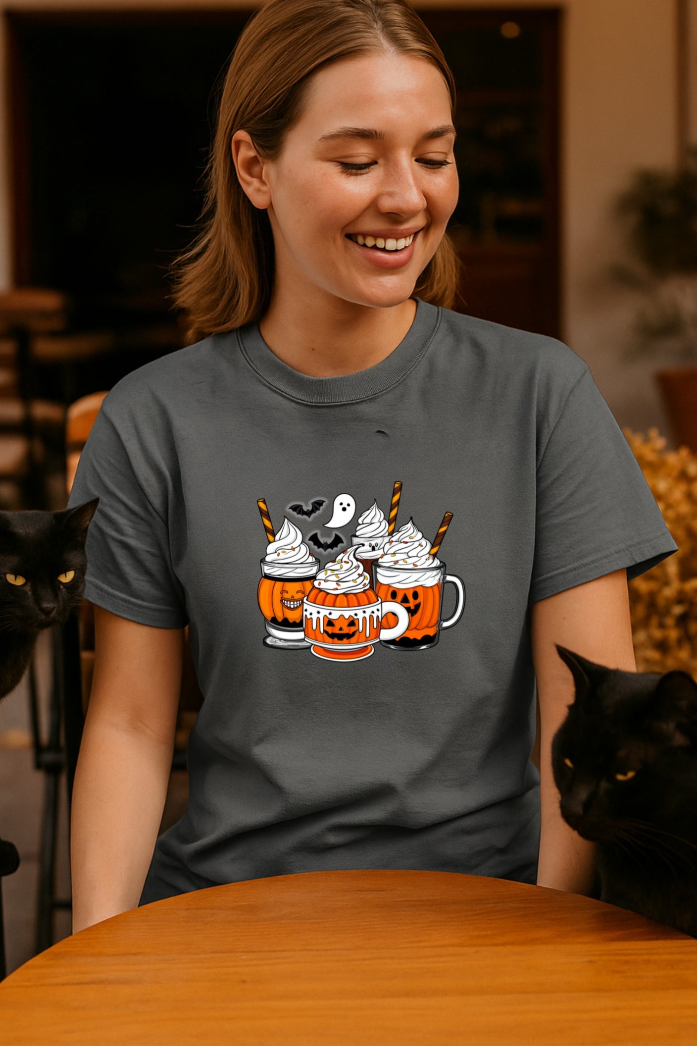 Pumpkin Spice Halloween T-shirt - Ghost & Bat Coffee Tee - Spooky Season Apparel, Comfort Colors™ Shirt for Fall